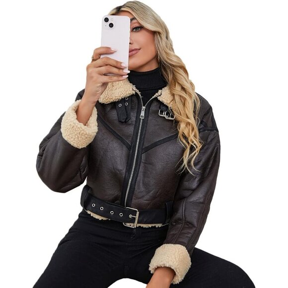 Womens Faux Fur Leather Jacket Short Bomber Coat Zipper Lapel LY VAREY LIN - Picture 5 of 7